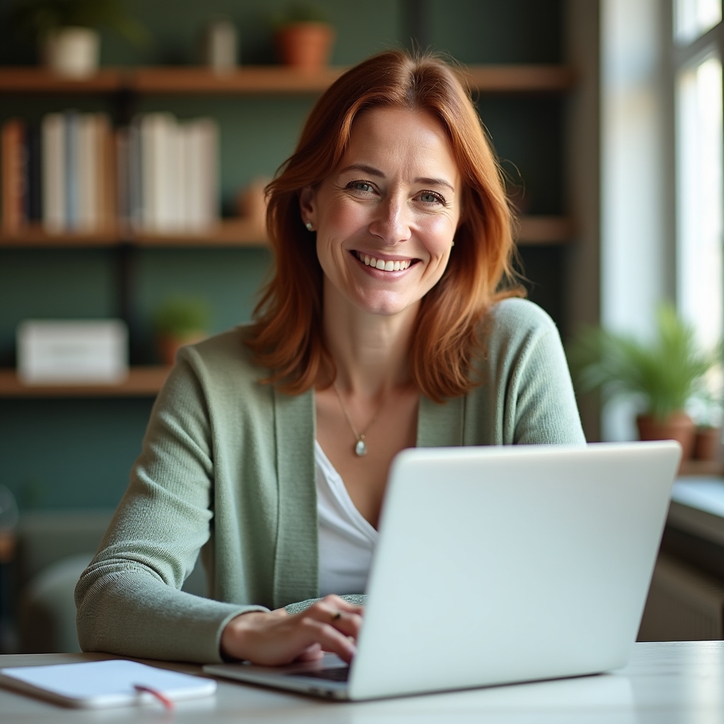 Person in einem Online-Einzelgespräch am Laptop in einem hellen Raum